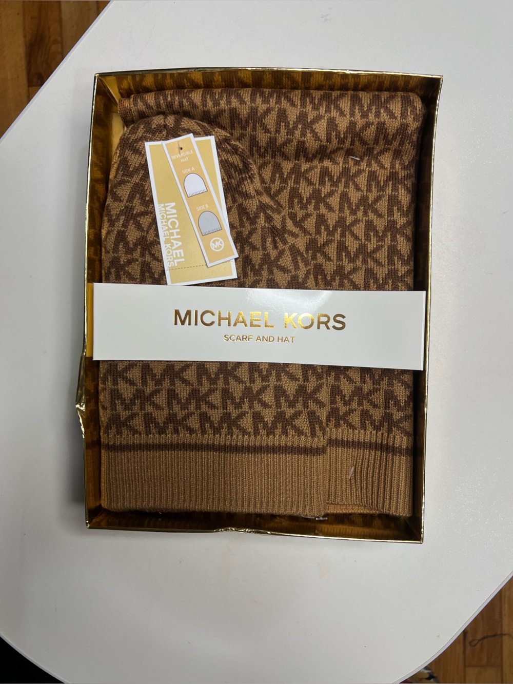 Michael Kors Brown All-Over MK Logo Knit Hat